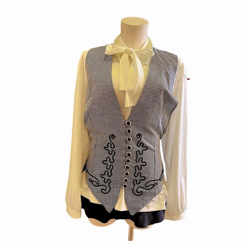 Retro Vintage Black Abstract Vest with Bow Collar